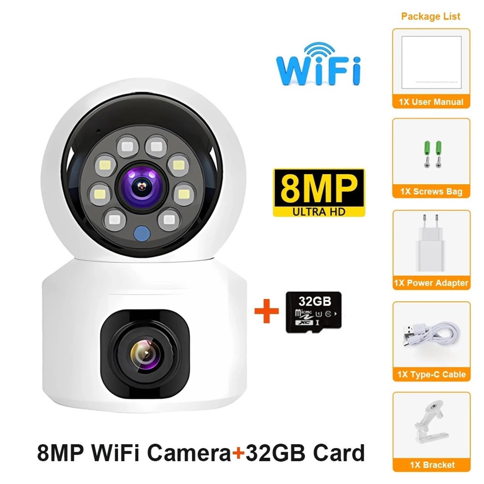 Kamera Monitorująca, Mini kamera HD bezprzewodowe podwójne obiektywy 8MP kamery IP inteligentny noktowizor CCTV bezpieczeństwo PTZ Camara wewnętrzna niania elektroniczna dla dziecka
