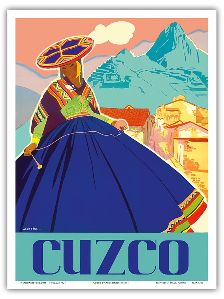 Amazon.com: Cuzco Peru - Machu Picchu - Peruvian Woman in Native Dress with  Andean Drop Spindle - Vintage Travel Poster by Agostinelli c.1947 - Master  Art Print (Unframed) 9in x 12in: Posters & Prints