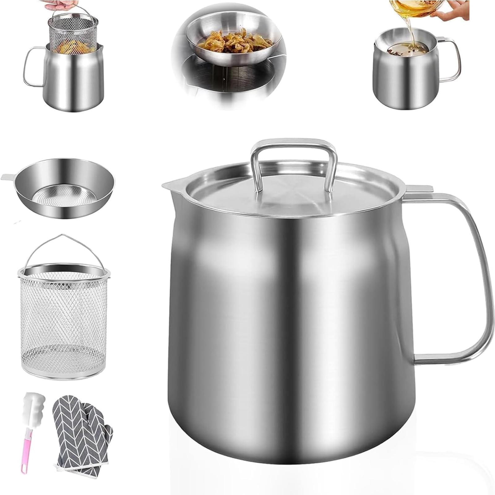 Récipient à Filtrer Huile Inox 304, 2L Grand Volume Polyvalent, Filtre à Huile de Cuisine Avec Couvercle Anti-poussière, avec Panier à Frire, Brosse à Cuisinière, Filtre et Gants