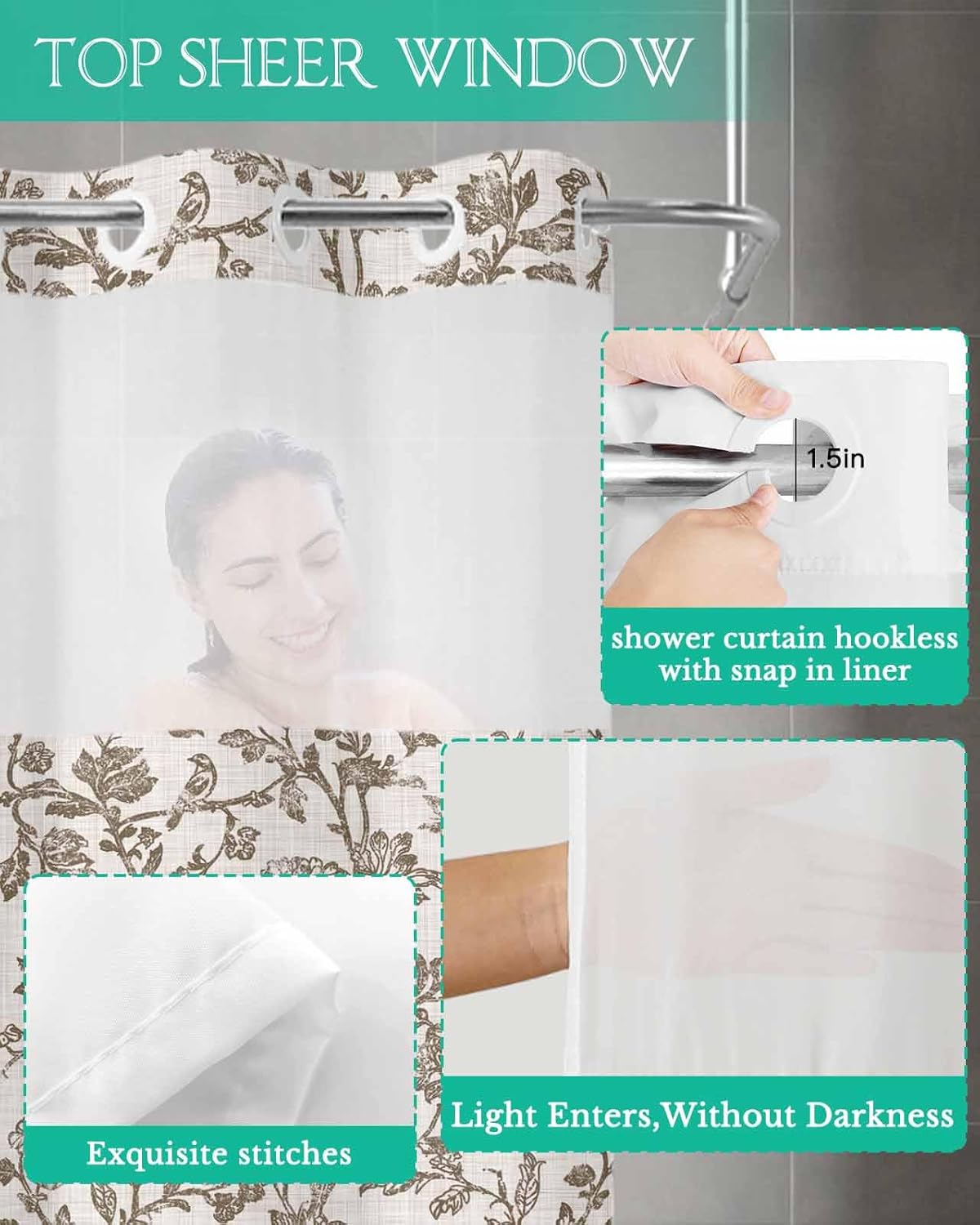 Boho Floral Brown No Hook Shower Curtain with Snap in Liner Waterproof Fabric Shower Curtain Set for Bathroom Spring Farmhouse Flower Textured Beige on Linen Shower Curtain with Top Window 36"x78"