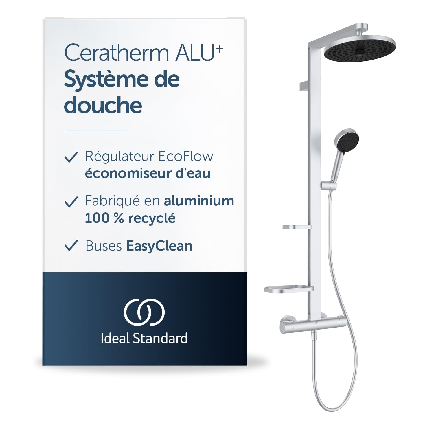 Ideal Standard Ceratherm Alu+ Colonne de douche, Fabriqué à partir de 100% d'aluminium recyclé, douchette à économie d'eau avec différents types de jets – Argent (356x501x1113 mm)