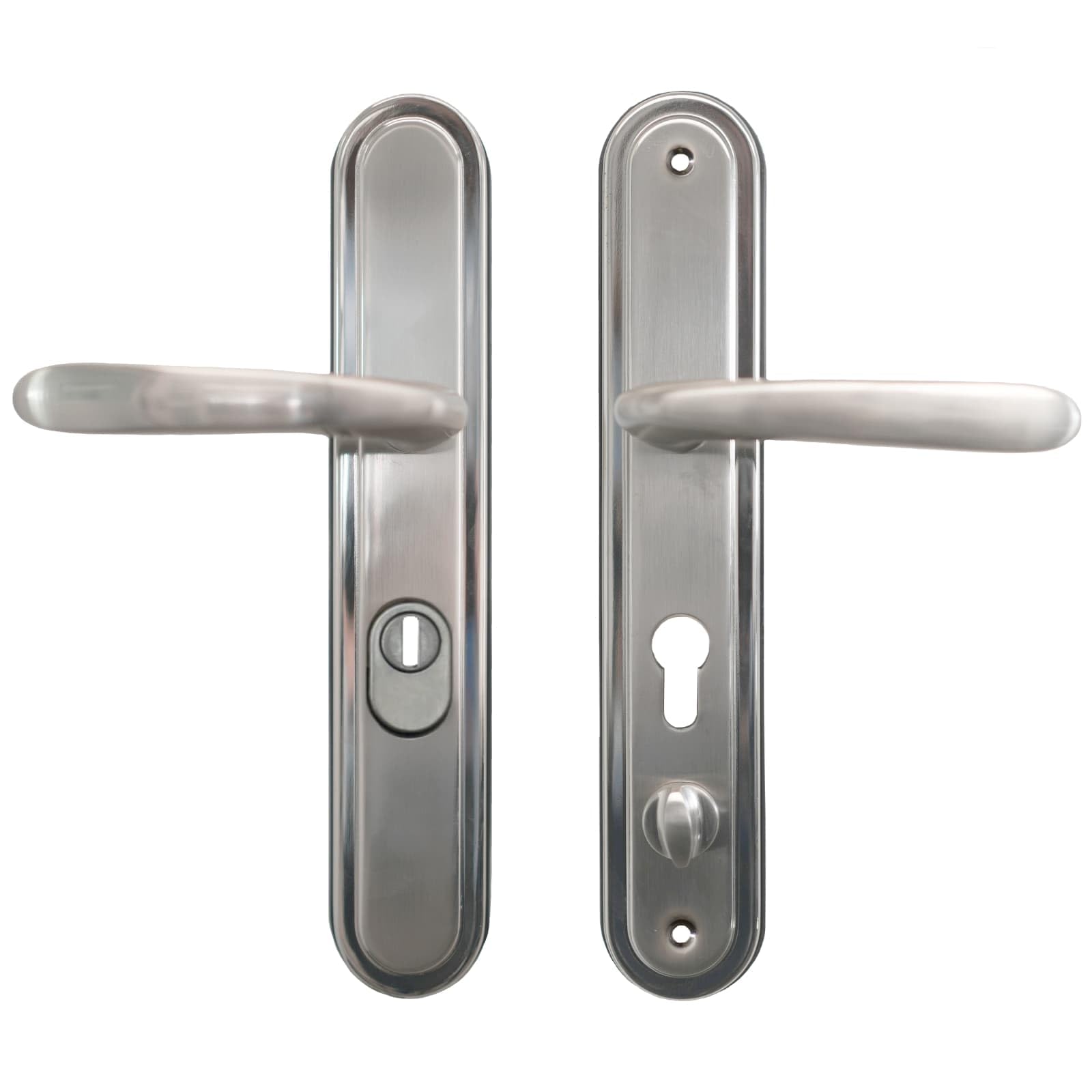 HOOPLY Lever Handles #201208 Set, Satin Stainless Steel, Euro Cylinder with Anti-Drill Cover, Thumbturn Compatible, Left Hand