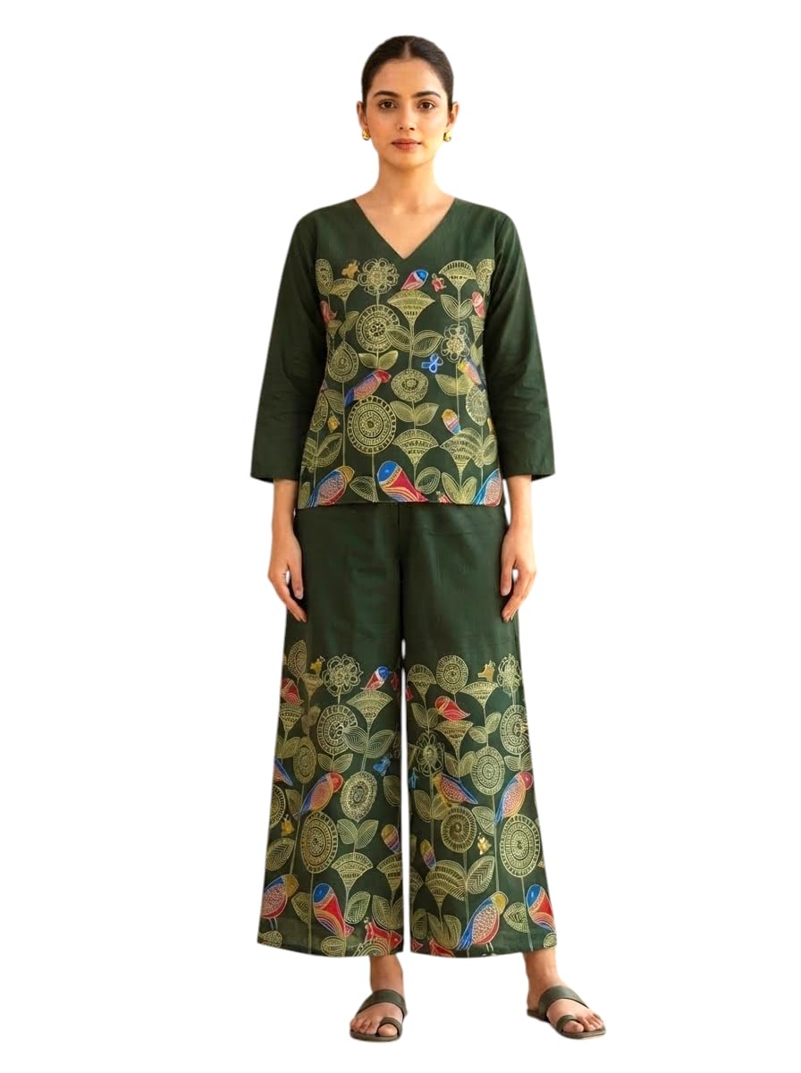 Women's 100% Cotton Printed Co-Ord Set | Black Bird & Floral Print Top with Palazzo Pants | Casual, Office Wear & Lounge Wear Co-Ord Set for Women (XL)-picture-52
