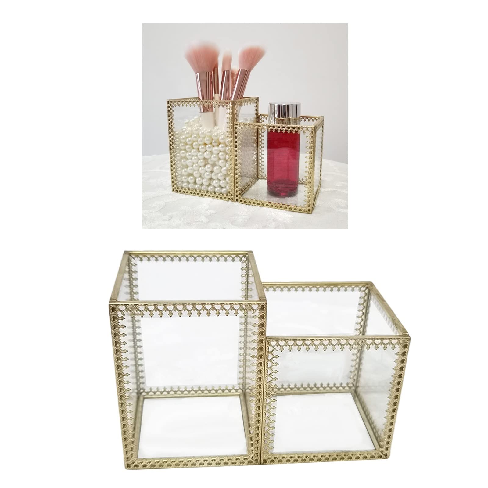 Estuche para brochas y pinceles Caja de almacenamiento de cosméticos con marco dorado, lápiz labial de escritorio, clasificación de joyería de cristal, almacenamiento, organizador de brochas de maquil