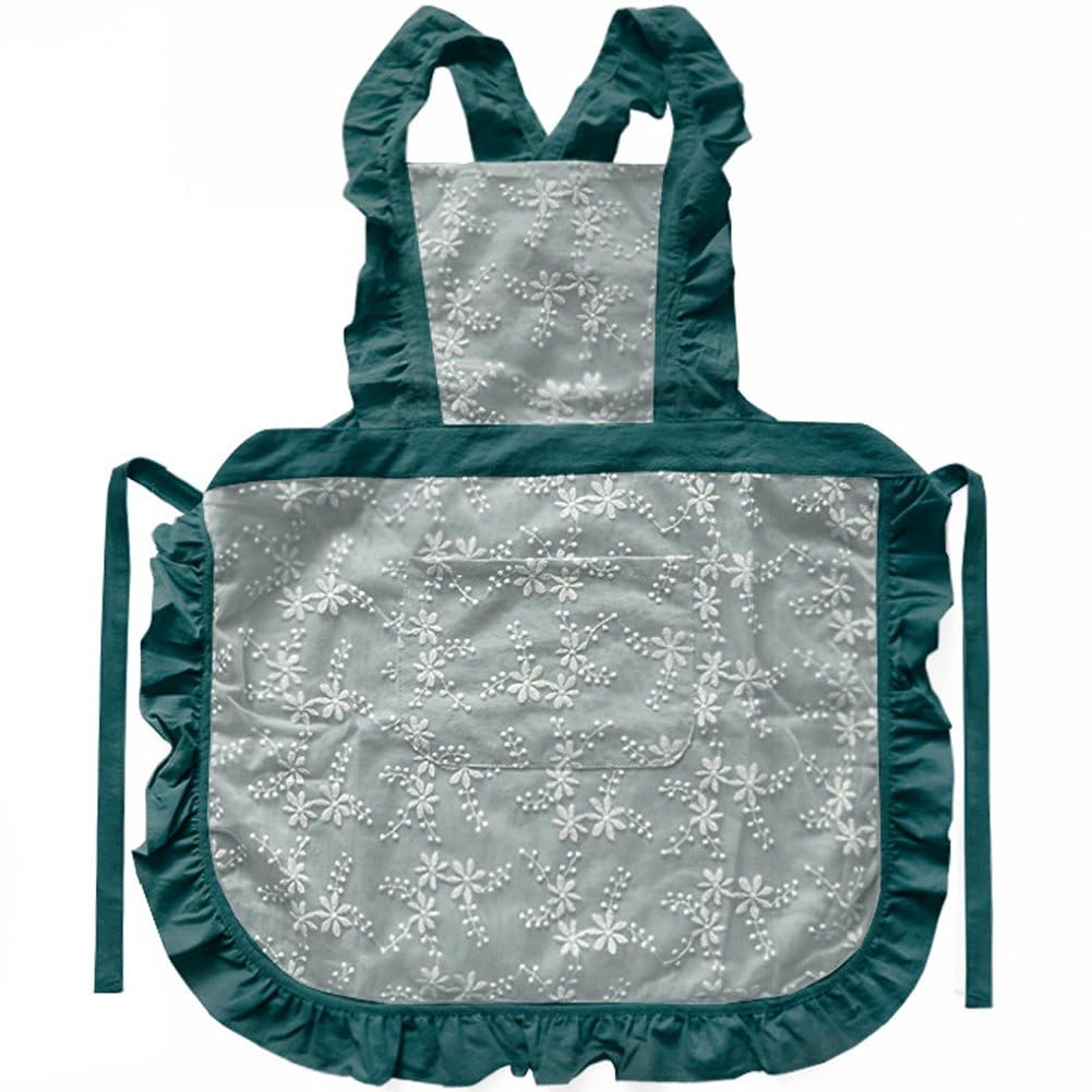 Sslvya Vintage Lace Floral Aprons for Women with Pockets Adjustable Cotton Linen Ruffle Apron for Kitchen Cooking Baking Gardening