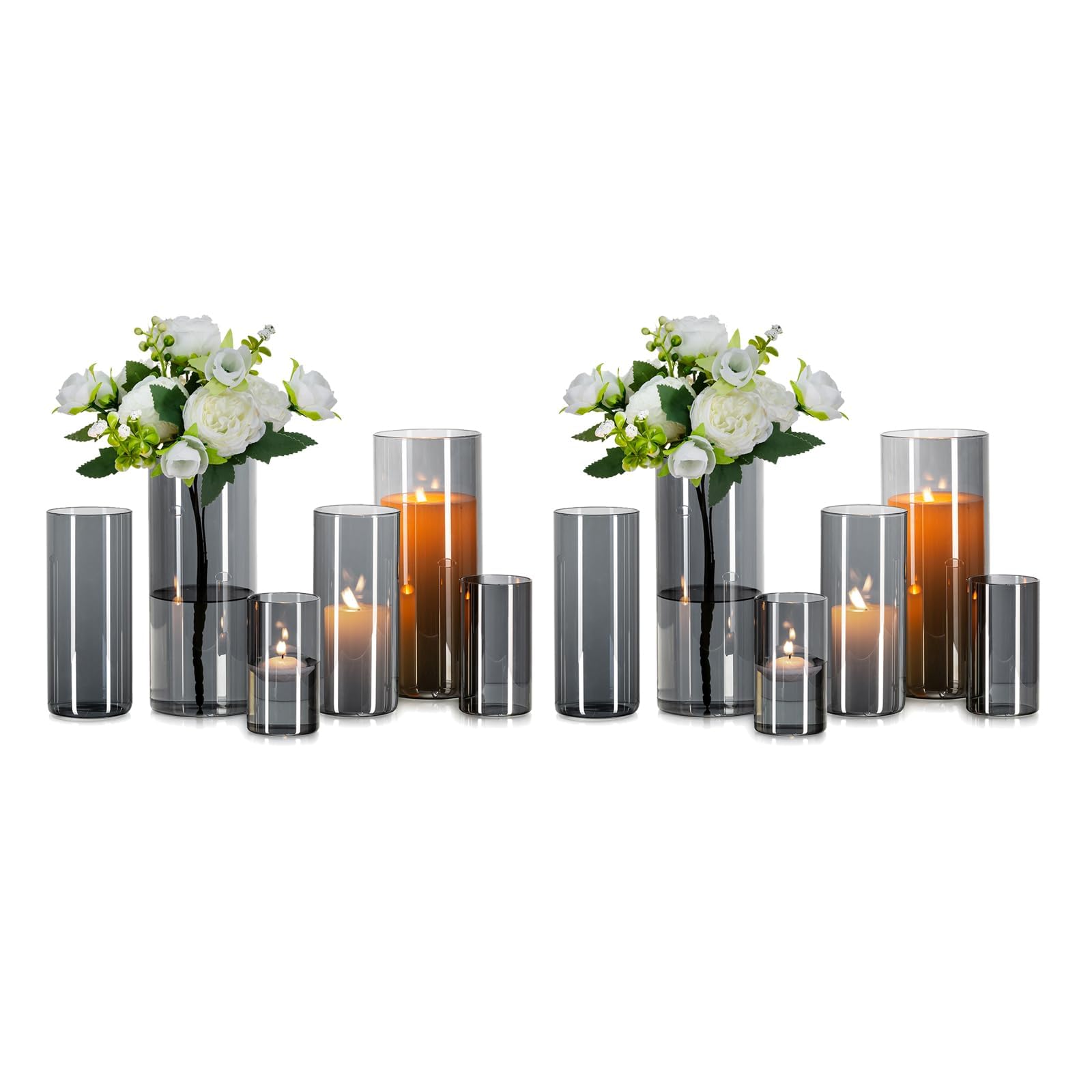 Glasseam Glasvase Zylinder Kerzengläser: 12er Grau Vase Set für Tischdeko | Glaszylinder Windlicht für Kerzen, Rauchglas Blumenvase Modern Glasvasen, Home, Hochzeitsdeko, Party, 10x5.5/15x6.5/20x8.5cm