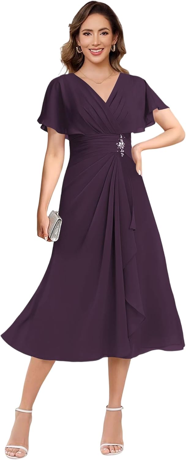 Women's Short Sleeve Mother of The Bride Dresses for Wedding 2026 Chiffon Formal Evening Dress GO045