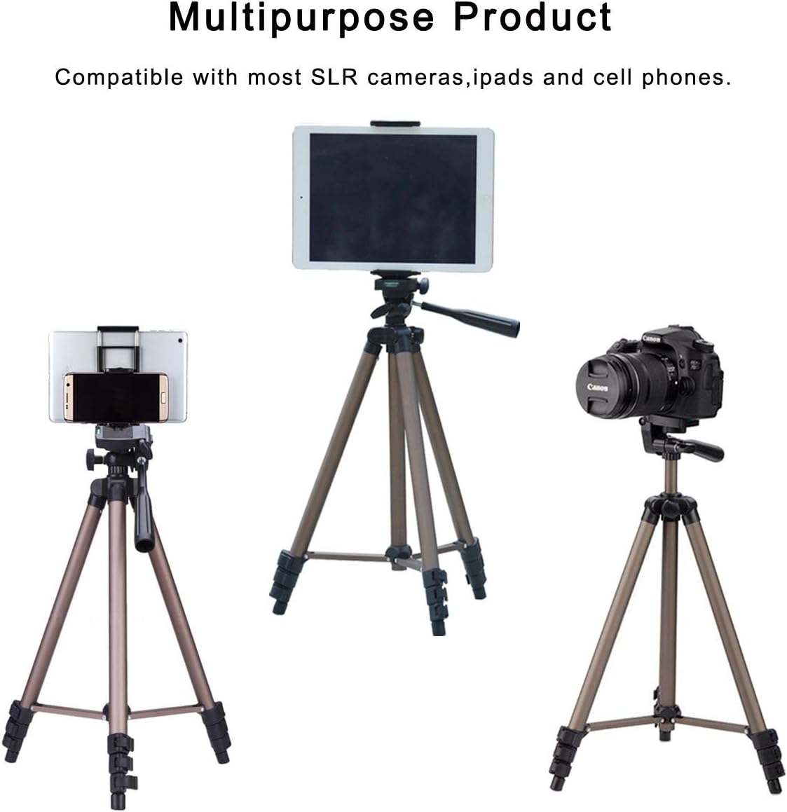 Tripod for iPad and iPhone,50 inches Lightweight Aluminum Camera Tripod + 2 in 1 Holder Mount Fits Smartphone(Width 2"-3.2") and Tablet (Width 4.3"-7.2")