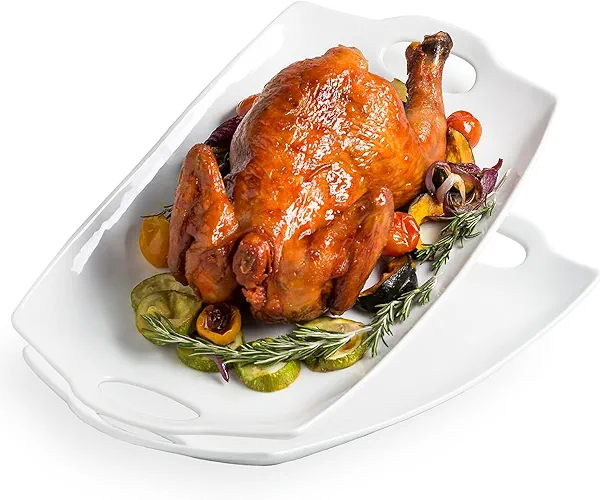 Serving Tray with Handles, Turkey Platters for Thanksgiving 16 inches Large Platters for Turkey Porcelain Serving Dish for Entertaining White Plates for Christmas Meat Fruit Display Set of 2