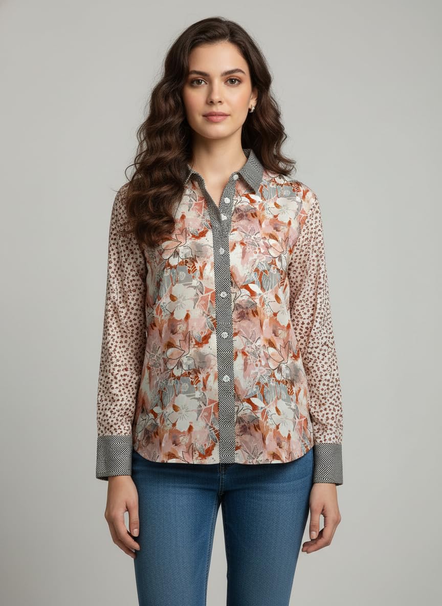 ANNI Designer Bedrucktes Damenhemd aus Baumwollmischgewebe, langärmelig, normale Passform, Kragen, legere Bürokleidung, elegante Western-Kleidung für den Alltag, Hochzeit, Party