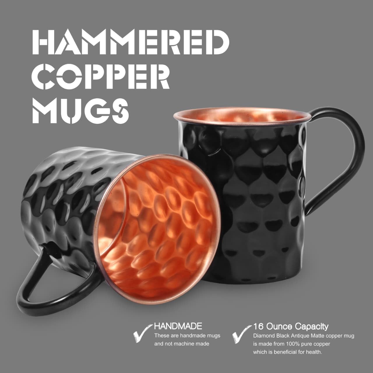 Black Moscow Mule Copper Mugs Set of 3 (1 Jug + 2 Mugs) - 16oz, Hammered Diamond Pure Copper Handmade Moscow Mule Mug Gift item