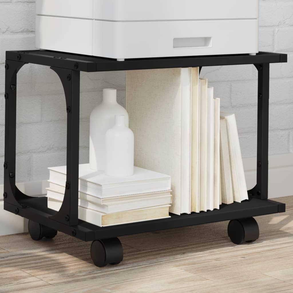 Druckerständer mit 2 Ablagen Schwarz Holzwerkstoff und Stahl 41x28x33,5 cm mit Rollen 2 Bremsen flexibel als Druckertisch, Büroorganisation, Regal und Ablage für Homeoffice