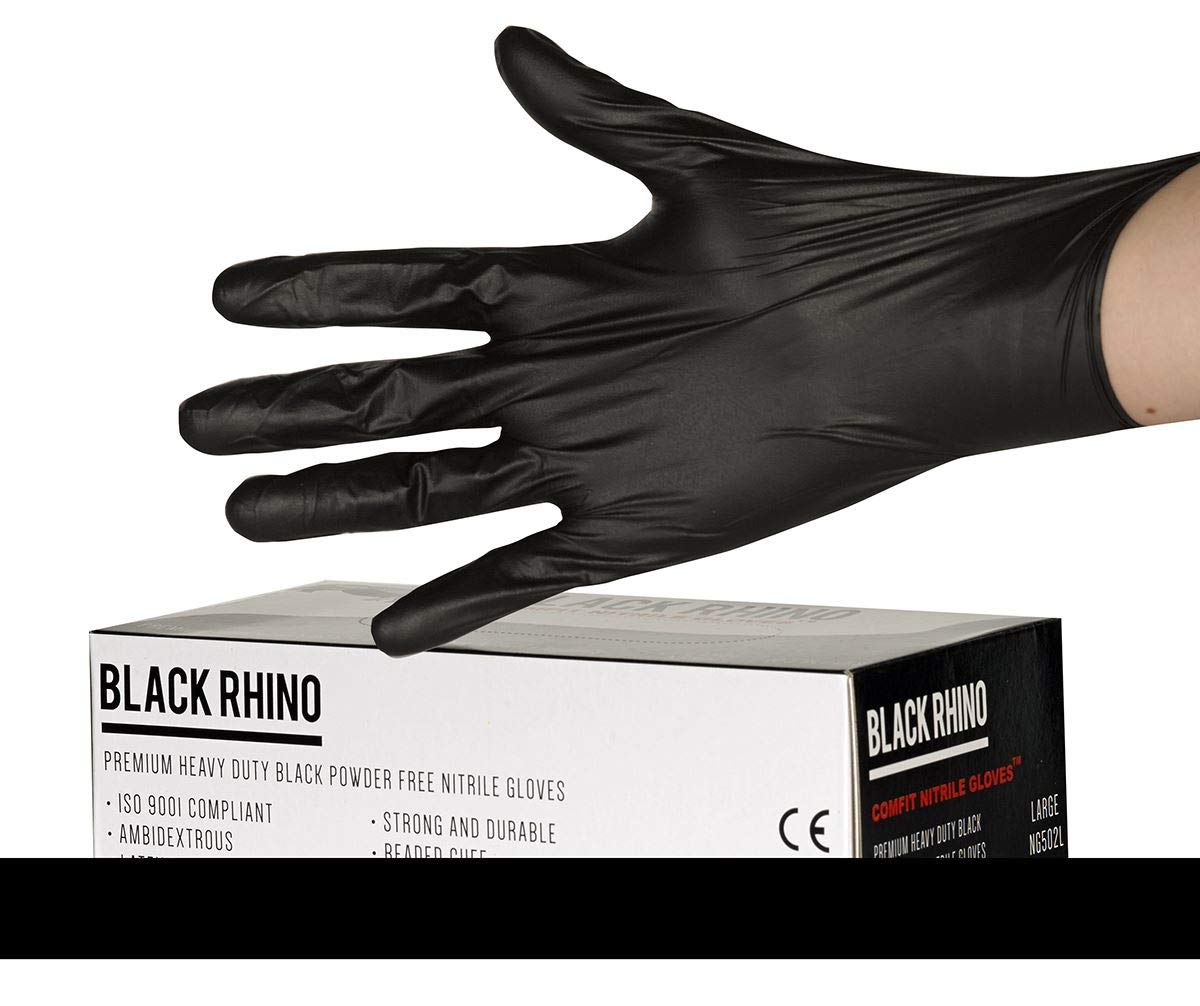 Rhino NG502FS Comfit Heavy Duty Nitrile Powder Free Gloves Small Black Pk100