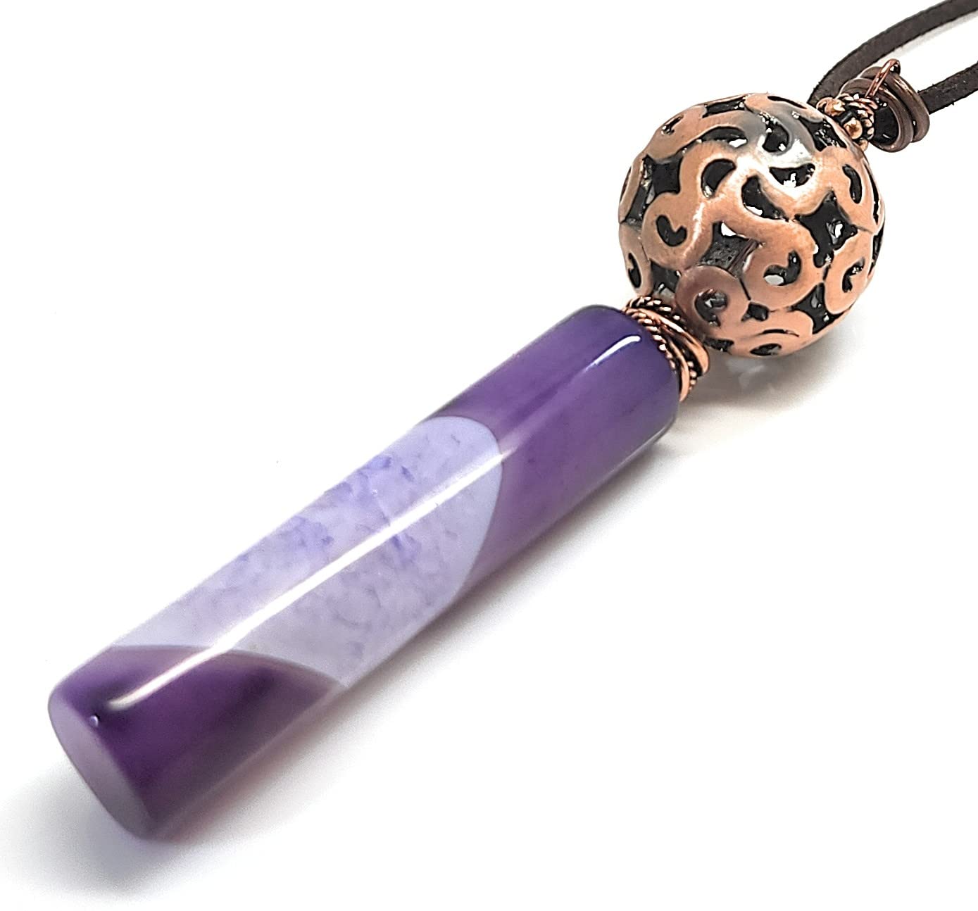 Amethyst Gemstone Necklace Cylinder Shape Copper Filigree Bead