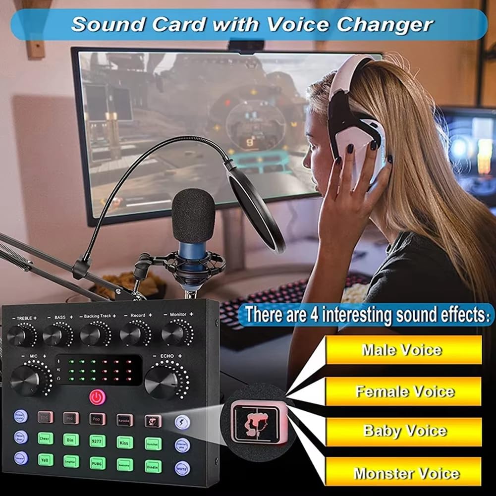 V8S Live Sound Card Podcast Equipment Bundle, con Set di Microfoni, Streaming Live di Musica/Registrazione per Dispositivo Dj Disco