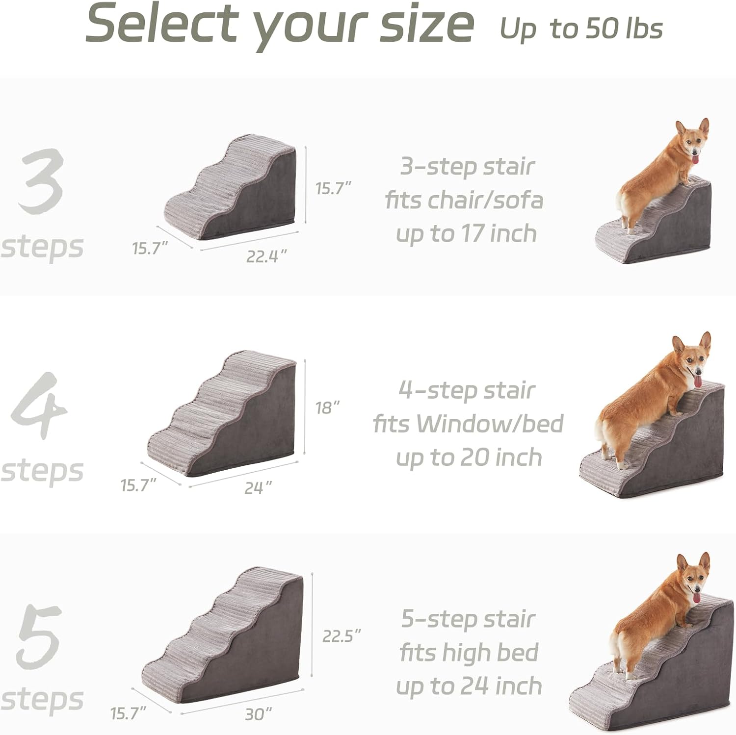 Laojin Balhen Dog Stairs for Small Dogs & Cats 22.5" H, High Density Foam Dog Steps Ramp for High Bed and Couch, Pet Stairs with Non-Slip Bottom and Remove Washable Cover, 5-Step Pet Steps, Grey