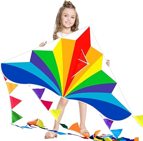 Flying Hoofer Large Rainbow Delta Kite - Single Line Beach Kite for Kids Ages 4-8, 8-12 & Adults - Easy to Fly for Beginners & Toddlers.