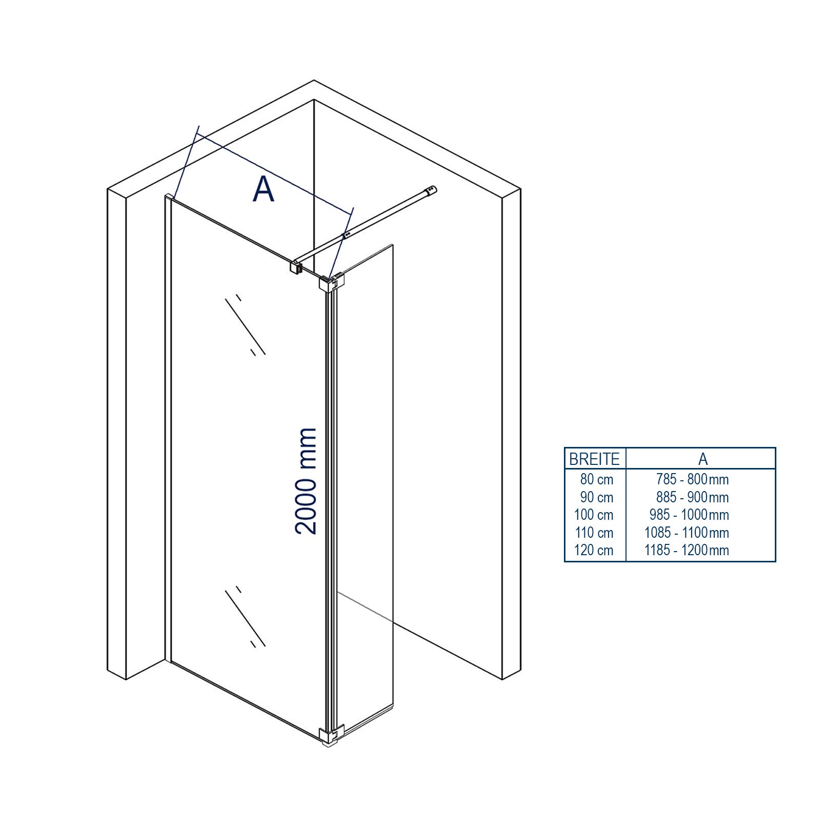 Parete doccia Walk-In con anta paraspruzzi NT109 vetro temprato - 8mm - rivestimento NANO, Larghezze disponibili:800mm
