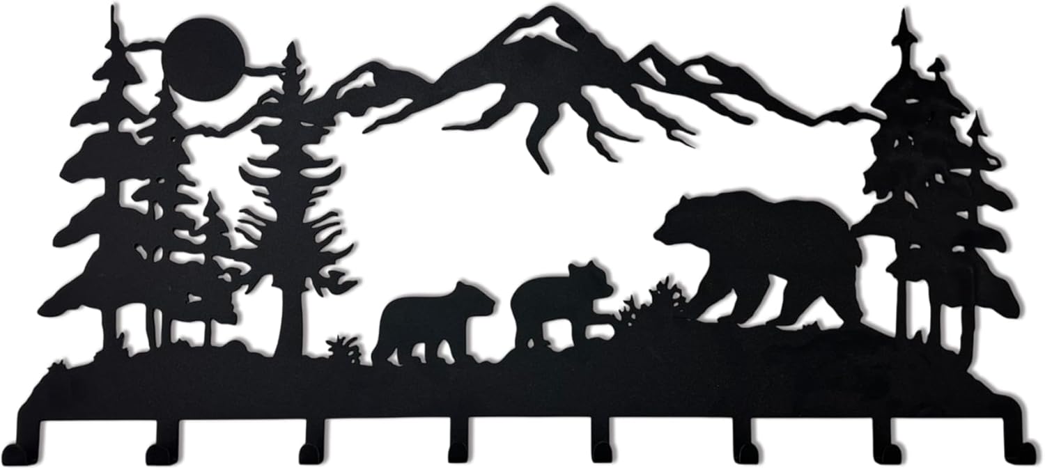 DEKADRON Metal Bear Family Themed Wall Mounted Coat Rack with 6-8-10 Folding Hooks, Wall Mount Hanger for Bathroom Entryway Living Room Bedroom, Metal Coat Hooks (32"x14")