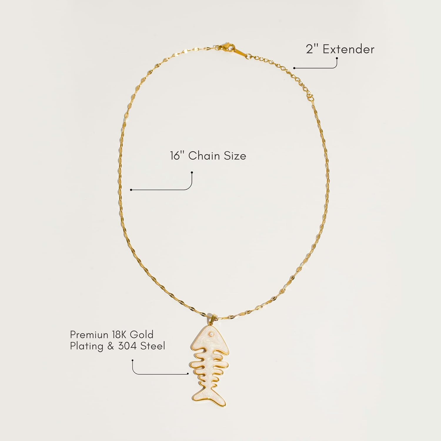 Women's Gold Plated Necklace of 18k Stainless Steel with Enamel Fish Bone Pendant & Pearl Accent 16" + 2" Adjustable Textured Chain Summer Beach Jewelry