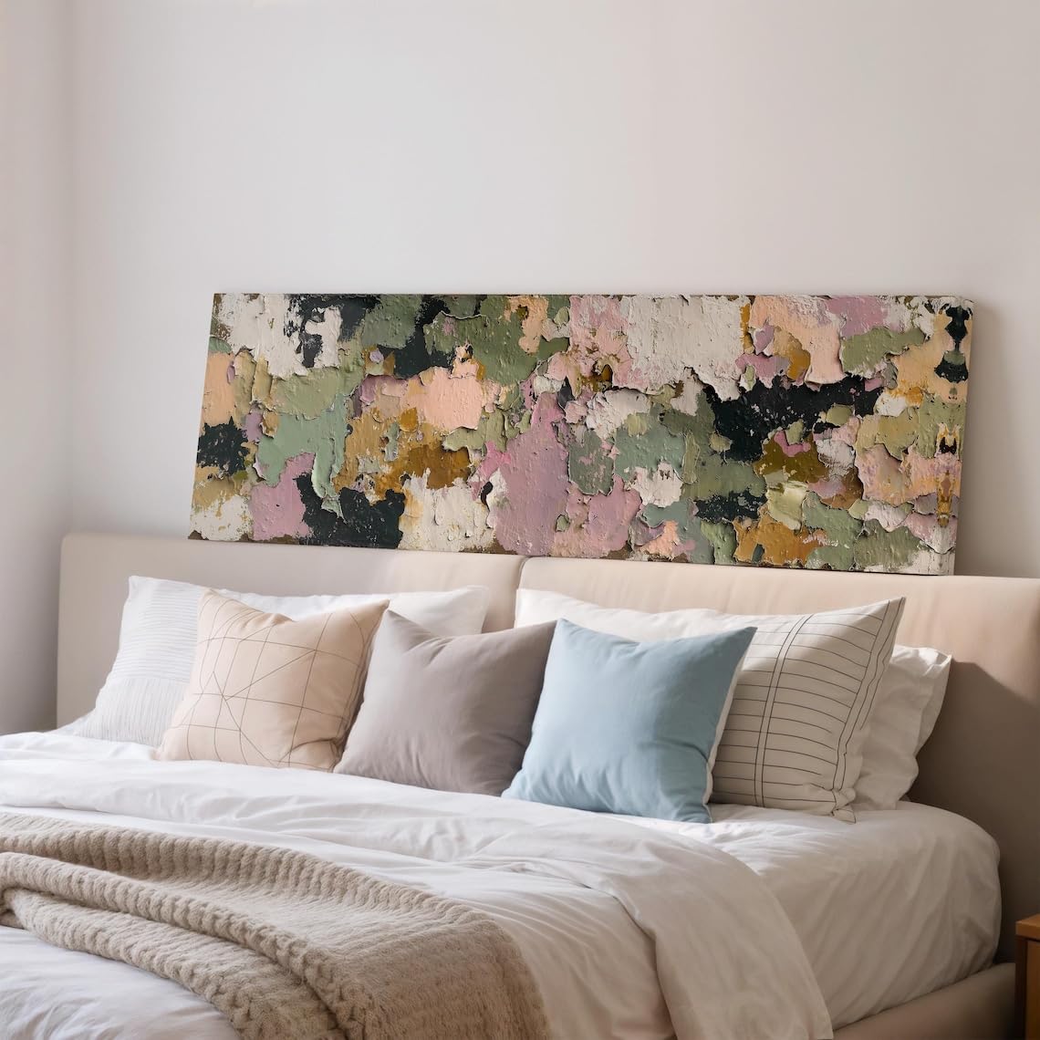 XBTYKPB Textured Painting, Peeling Cracked Paint Print, Wide Panoramic Framed Canvas, Long Horizontal Decor,Wabi Sabi Pink Green(35x105cm/Frameless)