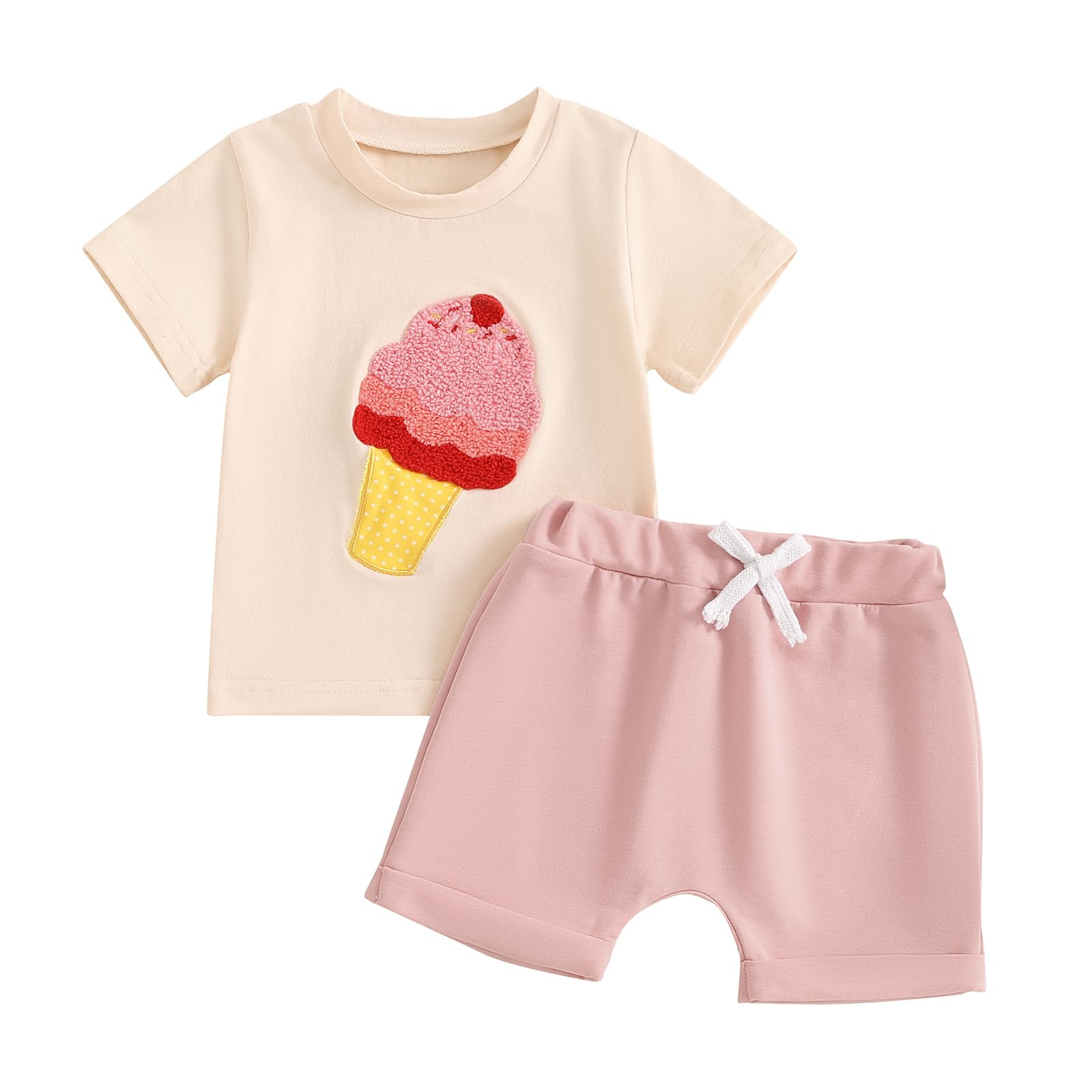 Bonangber Toddler Girl Summer Clothes Girls Summer Outfits Ice Cream Print Short Sleeve T-Shirt Elastic Shorts Set Cute Clothes(A-Pink,2-3T)
