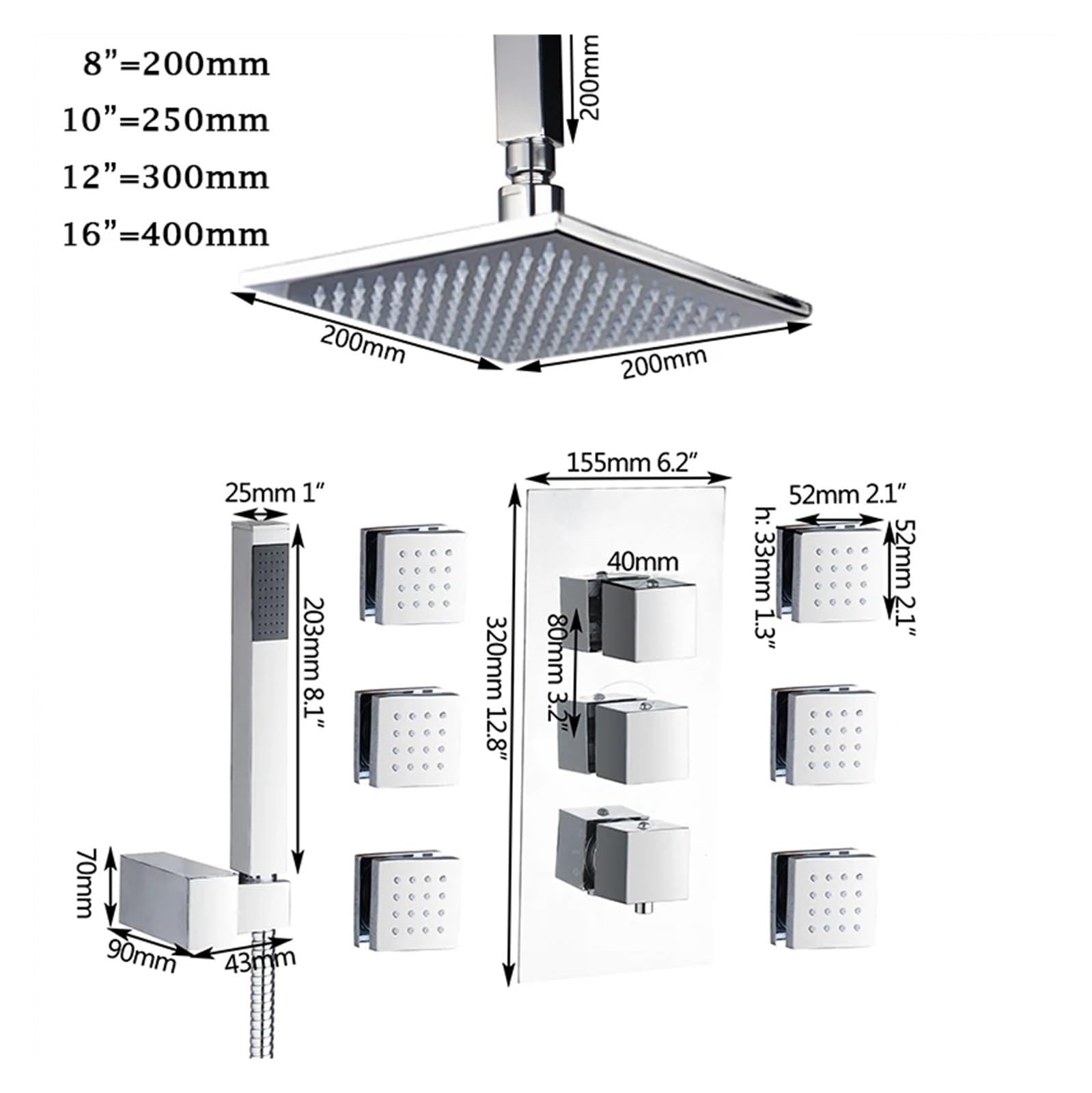Miscelatore da Bagno a LED da 8/10/12/16 Pollici, soffione Doccia, Set Doccia a Getto massaggiante, rubinetti, Set Doccia da Bagno con Getto a Mano, Doccia