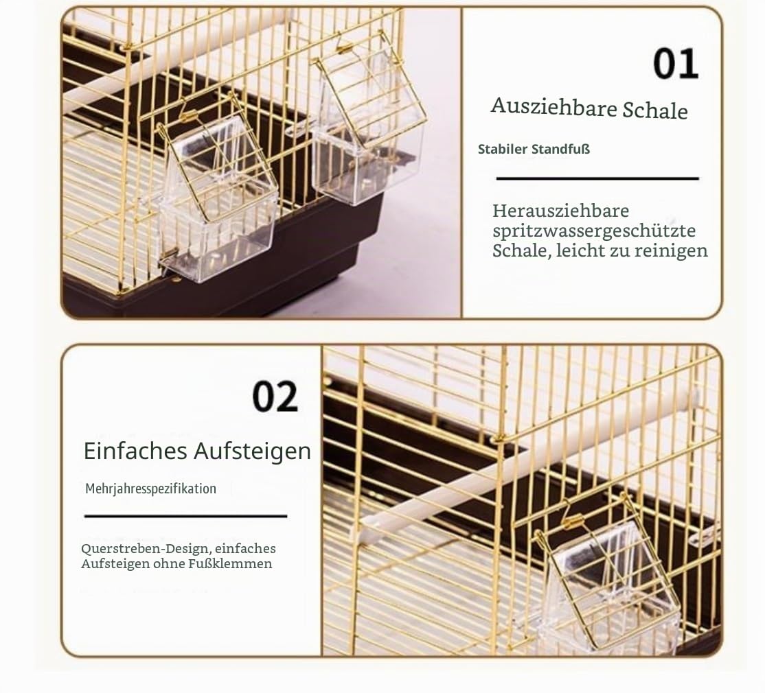 Vogelkäfig Wellensittich Metall-Vogelkäfig, Reiseträgerkäfig Mit Tablett, Papageien-Reisevogelkäfig Für Nymphensittiche, Sittiche Vogel Käfig(Gold)