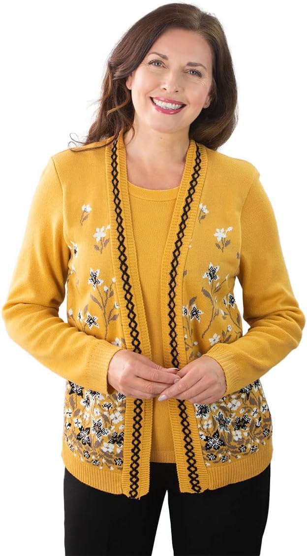 Fashion Friendly Ladies Flower Twin Cardigan - Mustard 3XL