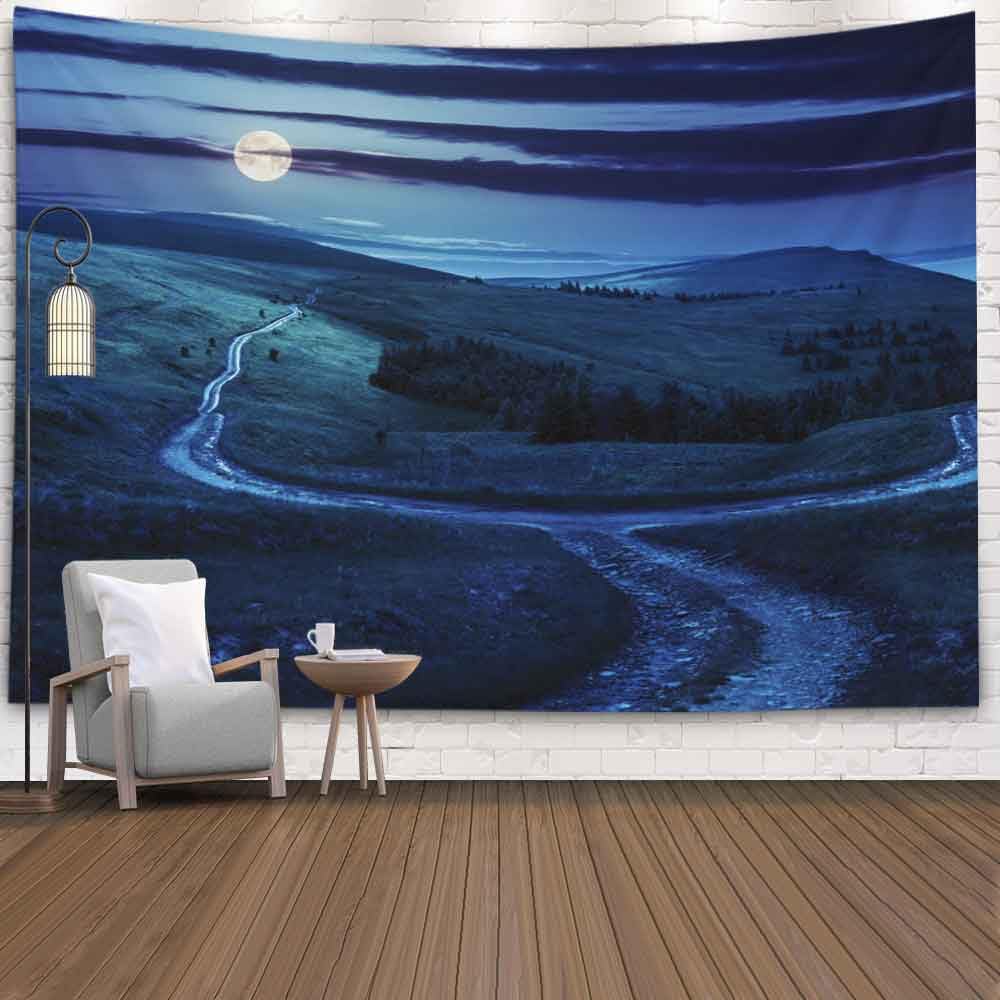 Pamime Funny Tapestry Composite Landscape Fence Near Road on Hillside Meadow in Mountains Few Fir Trees of Forest on Sides of Road Night in Full Moon Tapestry Wall Hanging 80X60 Tapestry for Kitchen