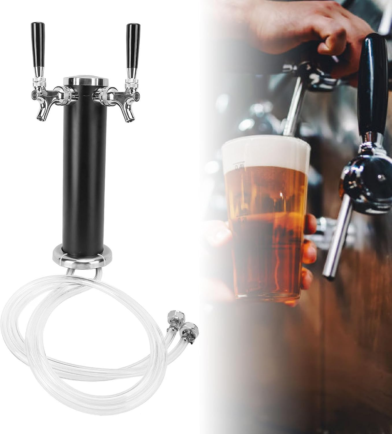 Ymiko Dual Tap Beer Kegerator Tower, Premium Stainless Steel Draft Beer Dispenser Kit for Party Bar Pub Restaurant Commercial Use Durable and Efficient 12.2x4.3in (Black)