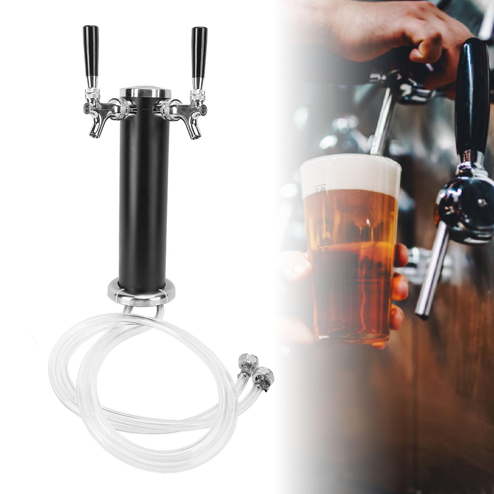Torre Kegerator de Cerveza de Doble Grifo, Dispensador de Cerveza de Barril de Acero Inoxidable para Fiesta, Bar, Restaurante, Construido para Durar con Control de Flujo Estable, (Negra)