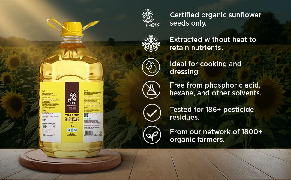 Image of Pure & Sure Organic Cold Pressed Sunflower Oil 5L | For Cooking | Extracted on Wooden Churner | Nutrient Rich & Chemical Free (Pack of 2)