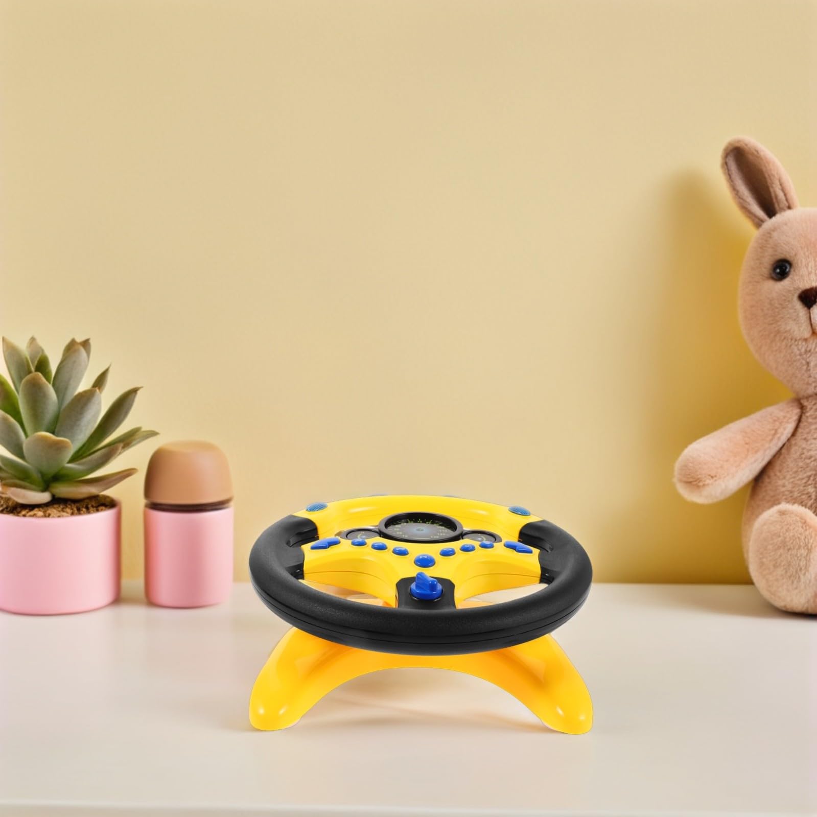Simulatore di Guida per Bambini con Sterzo in Plastica Giallo, Giocattolo Educativo Interattivo con Luci e Musica per Attività in Famiglia e Gioco di Finzione