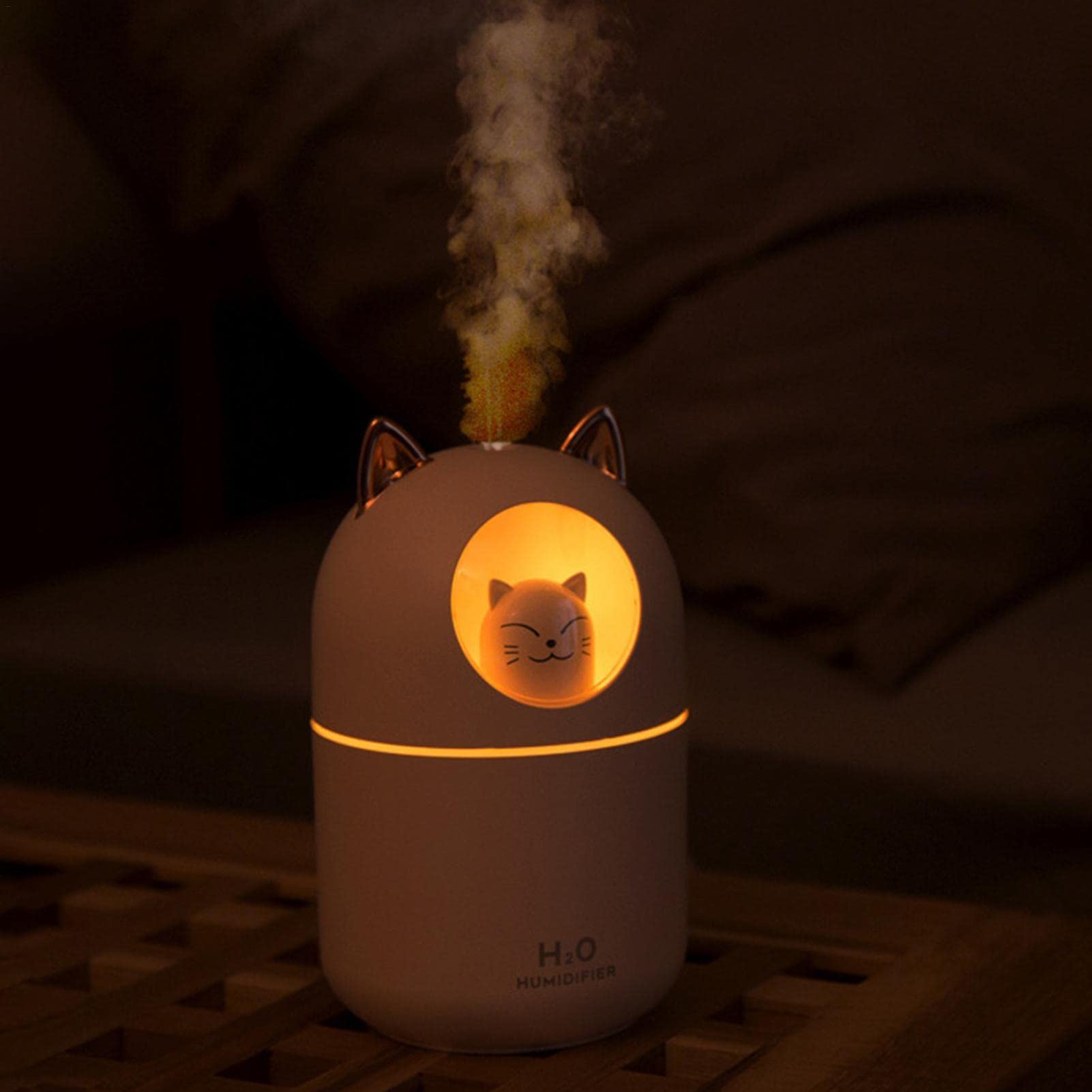 Diffusore di oli a forma di gatto - Umidificatore da tavolo USB | Diffusore passivo per oli essenziali | Umidificatore con luce notturna per piante, ufficio, auto, cameretta per bambini, funzionamento