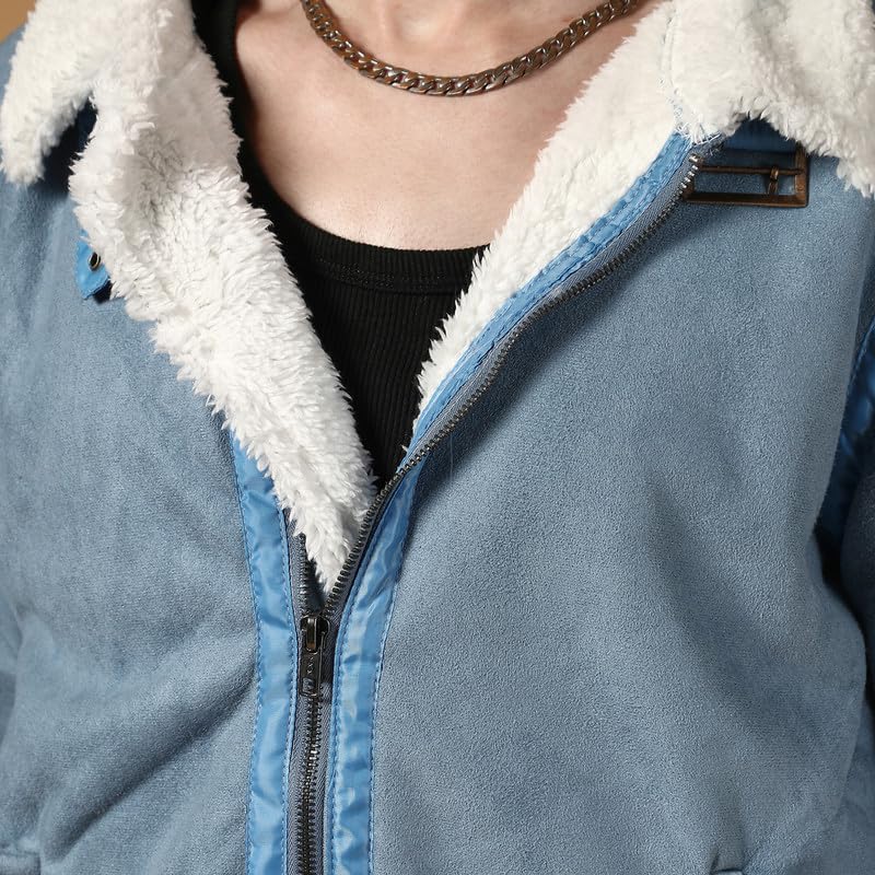 Image of Campus Sutra Men's Icy Blue & Chalk White Fleece Lined Biker Jacket For Casual Wear | Spread Collar | Long Sleeve | Zipper Closure | Jacket Crafted With Comfort Fit For Everyday Wear