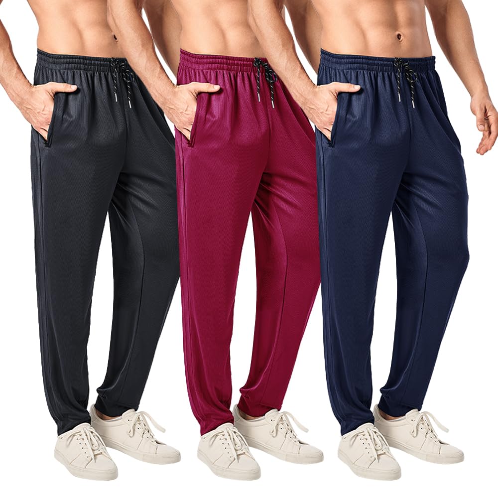 Mens Mesh Jogger Sweatpants 3 Pack Lightweight Quick Dry Athletic Pants with Zipper Pockets for Workout Running