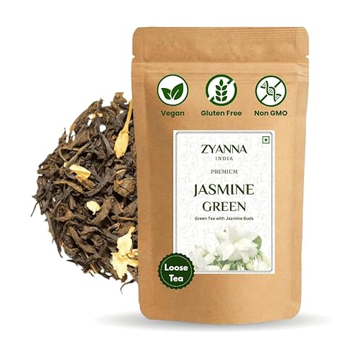 Zyanna Té verde de jazmín  Té verde Darjeeling prémium con brotes de jazmín natural de la India, té verde suelto floral de hoja entera,
