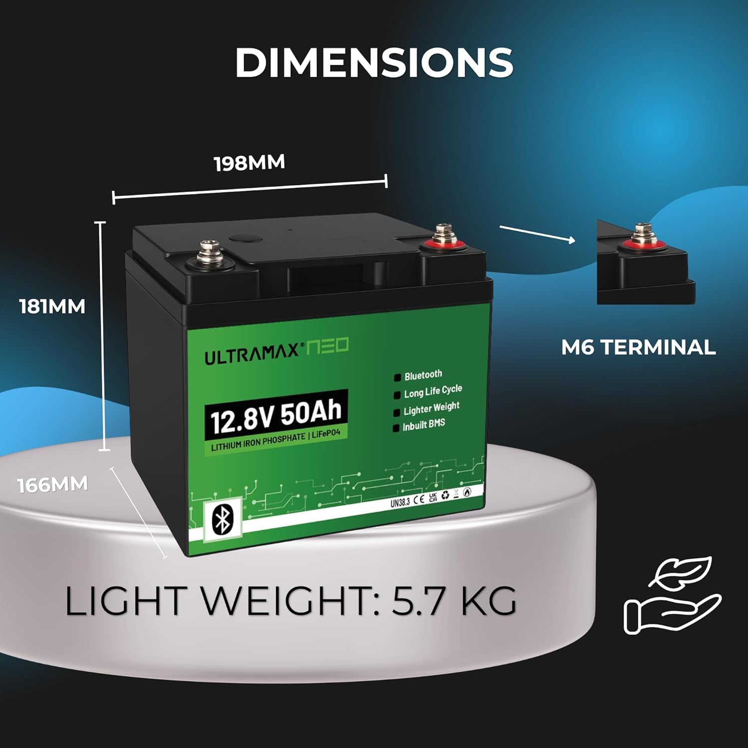 ULTRAMAX Neo 12V 50AH Lithium Batterie (LiFePO4), Bluetooth, 10000+ Zyklen, 10 Year life, Rechargeable