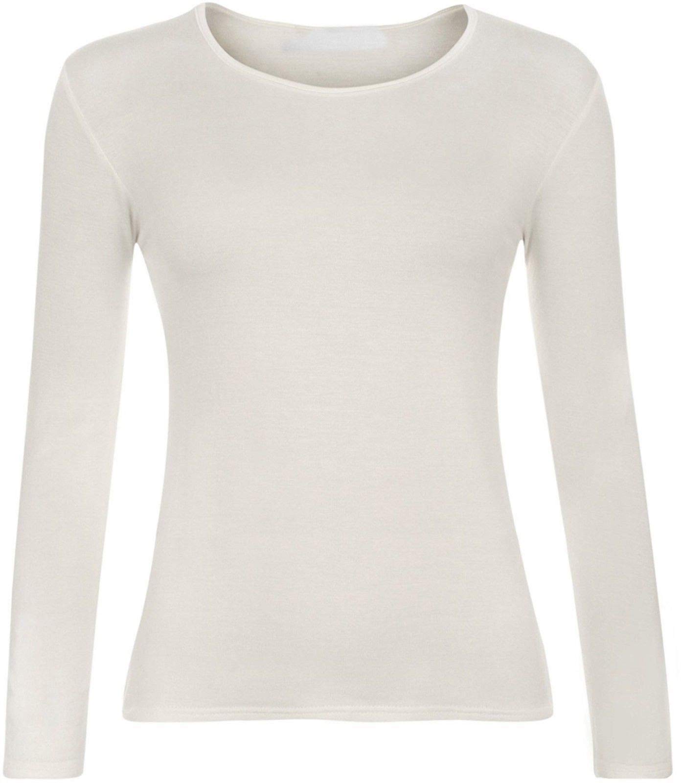 Ladies Women Basic Long Sleeve Plain Round Neck Ladies Stretch Plus Size Top T Shirt (Cream, SM)