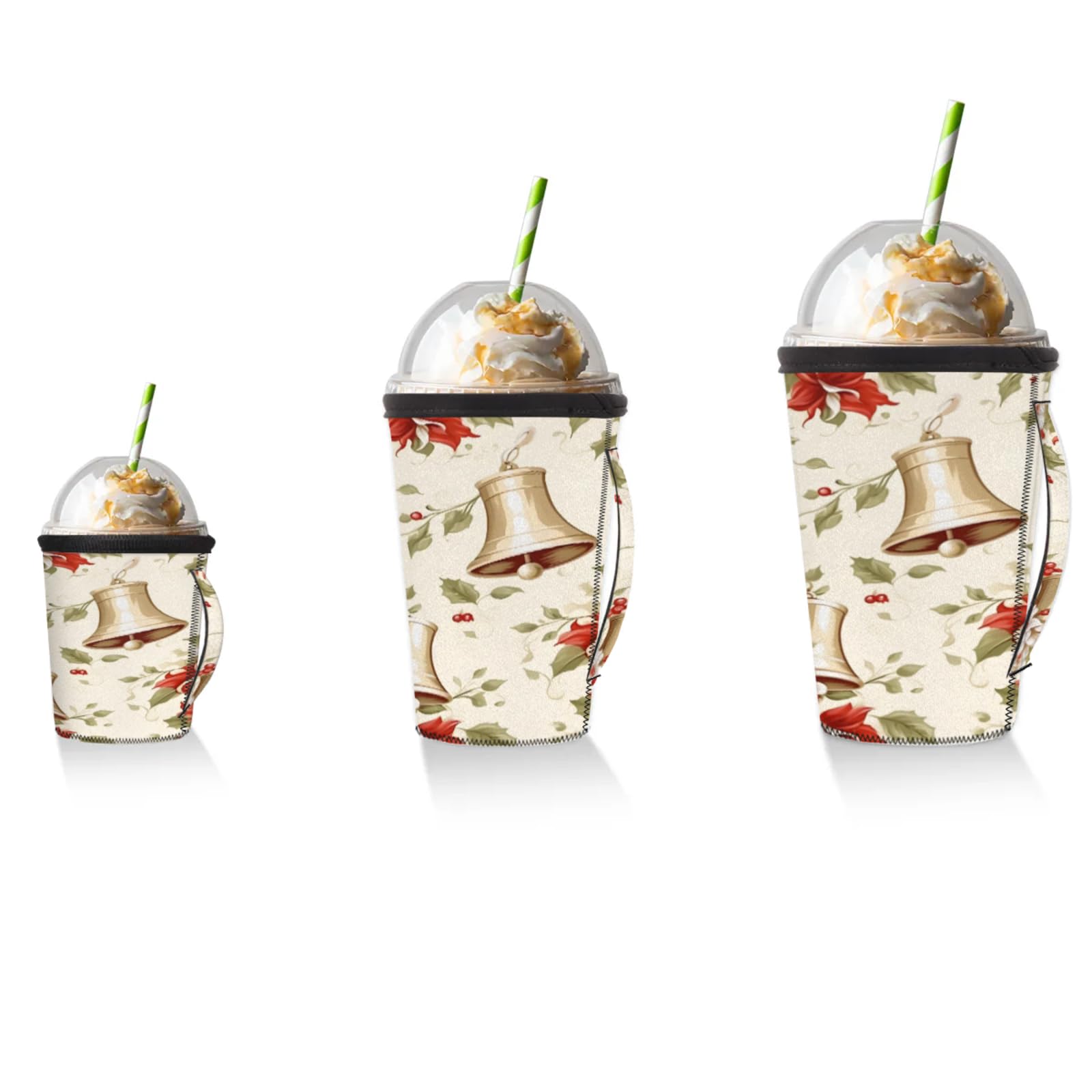 Christmas Flowers Bells Reusable Neoprene Coffee Sleeve with Handle Insulated Iced Coffee Cup Holder Reduces Condensation Fits 24-28 oz Cups M