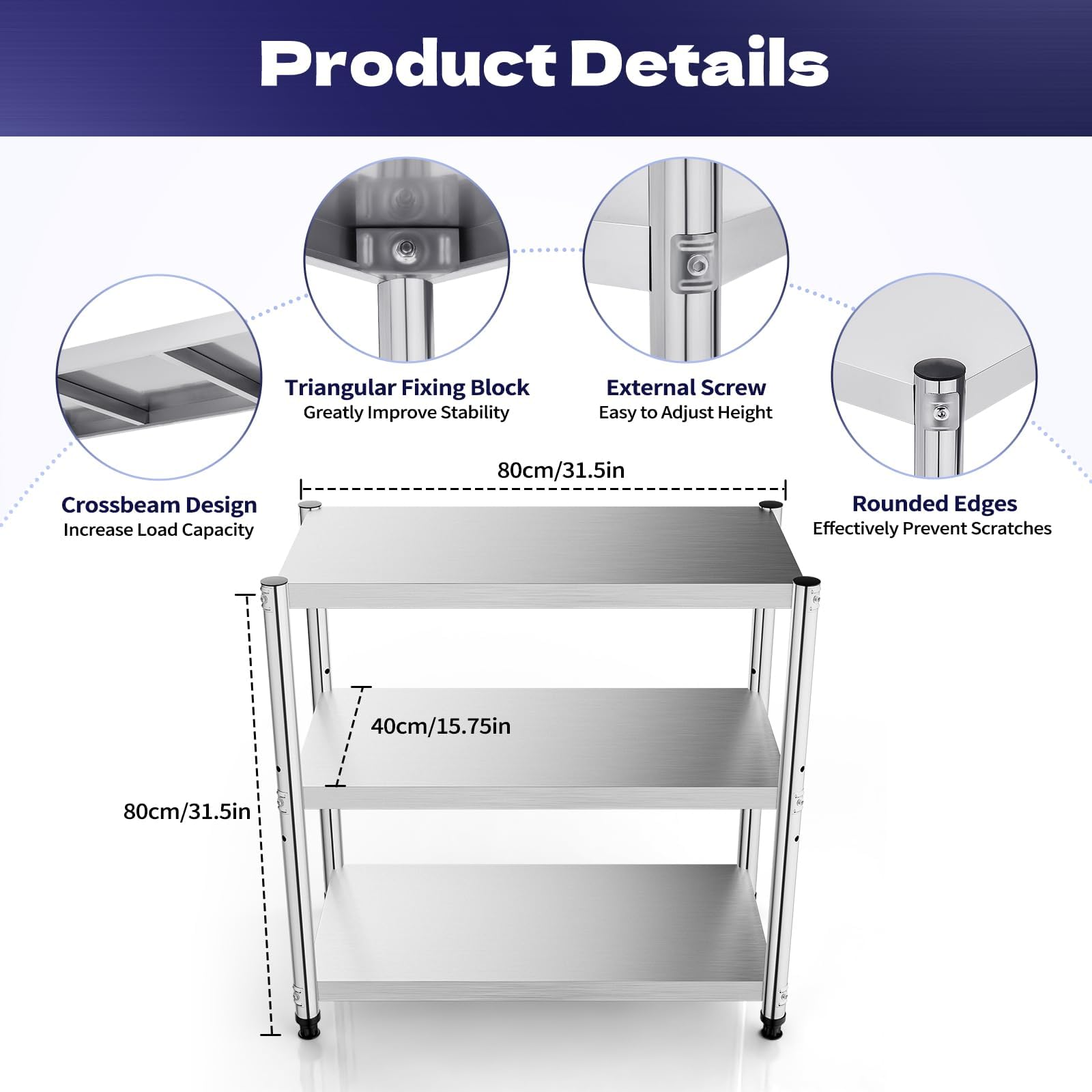 Table de cuisine en acier inoxydable à 3 étages 80 x 80 x 40 cm - Étagère de rangement pour garde-manger, restaurants, cuisines, grandes cuisines - Charge maximale : 50 kg
