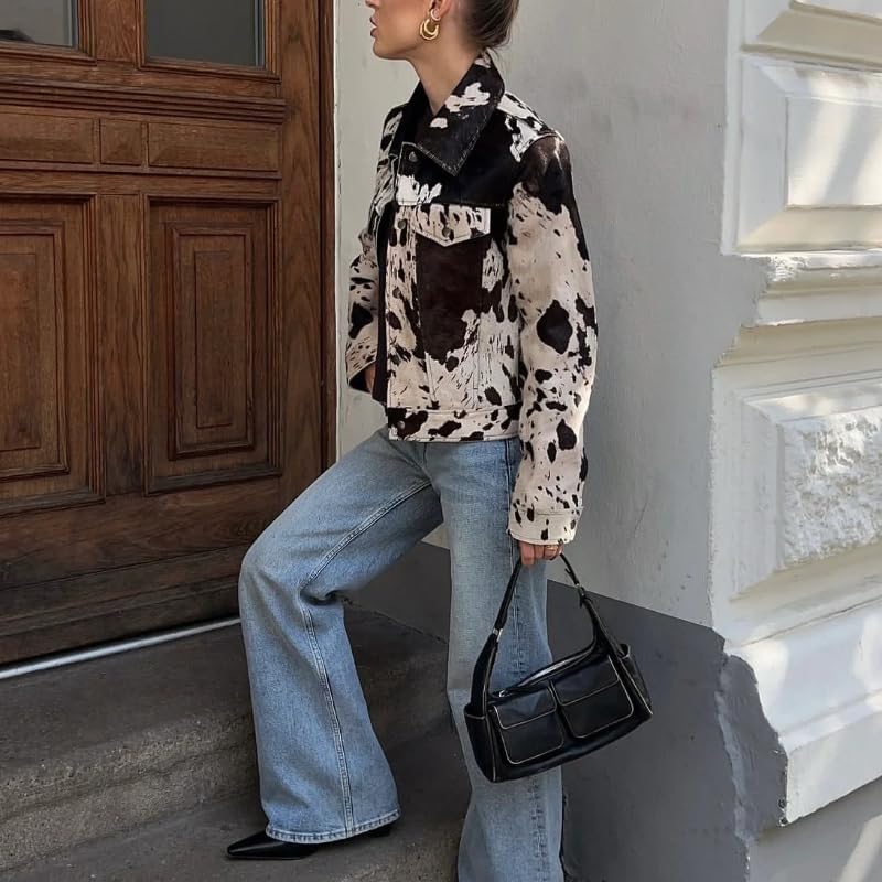Women's Animal Print Denim Jacket Casual Cow Print Jacket Long Sleeve Button Up Motorcycle Cropped Coats3
