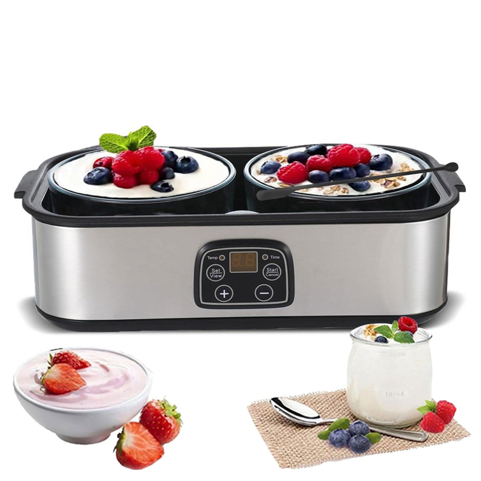 Máquina para Hacer Yogur, Yogurtera Automática de 2 litros con Pantalla Led y 2 Frascos de Vidrio, Control de Tiempo y Temperatura Ajustable, Yogurteras Eléctricas para Yogur Orgánico Casero, Queso