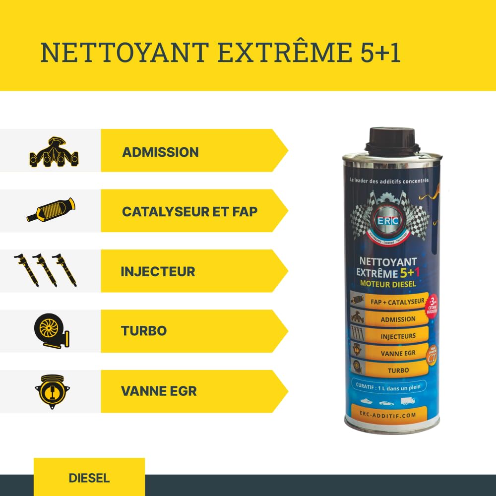 ERC [Nettoyant Extrême 5+1 Diesel] | Additif Diesel | Désencrasse l’Ensemble du Moteur | Nettoyant Moteur Diesel FAP injecteur et Turbo | Réduit la consommation de Carburant | 1 Litre