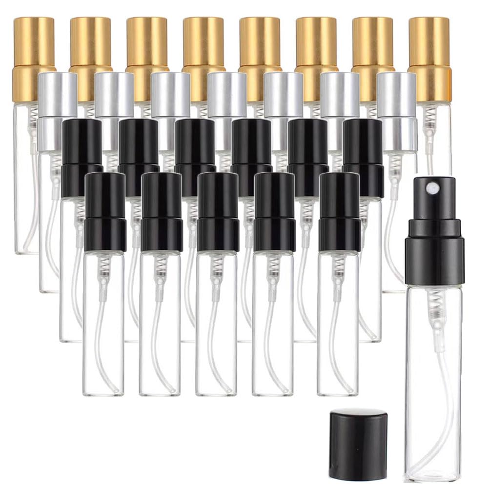 100 Unidades Botellas de Vidrio Transparente Vacías 2/3/5/10ml con Atomizador Tapa de Aluminio Hermética, Dispensadores Portátiles Perfume (Tapón negro,5ml,100)