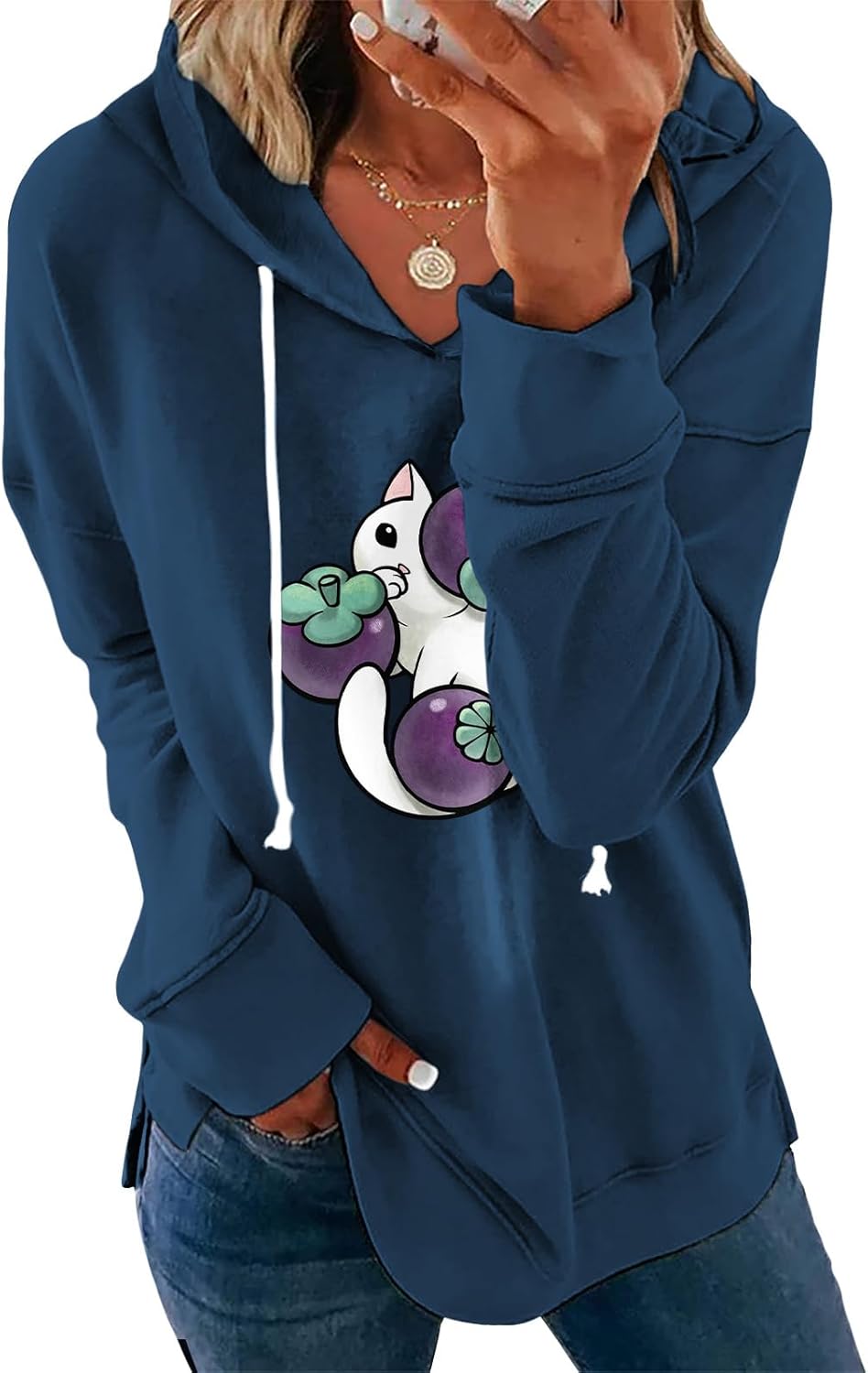 Womens Black Floral Print Hoodie Long Sleeve Cotton Blend Pullover Sweatshirt Loose Fit Casual Top For Everyday Wear