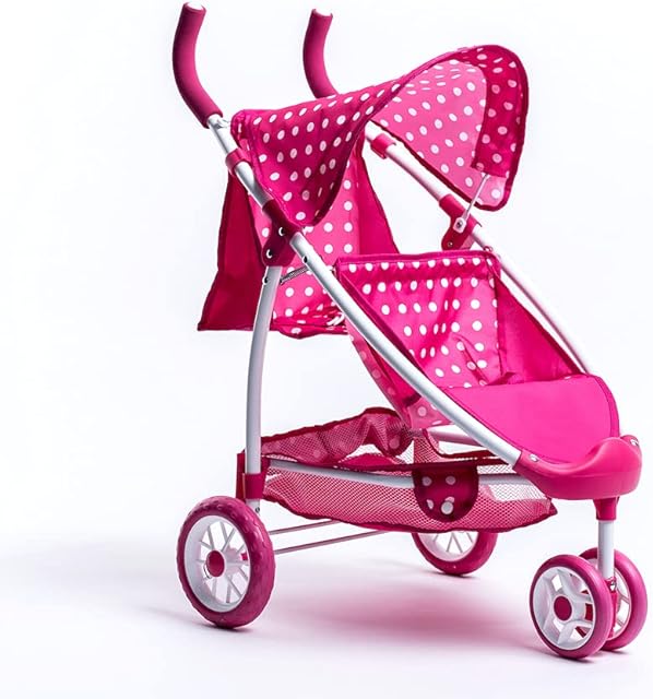 Roma Dotty Tandem Twin Double Dolls Pram - Pink Polka