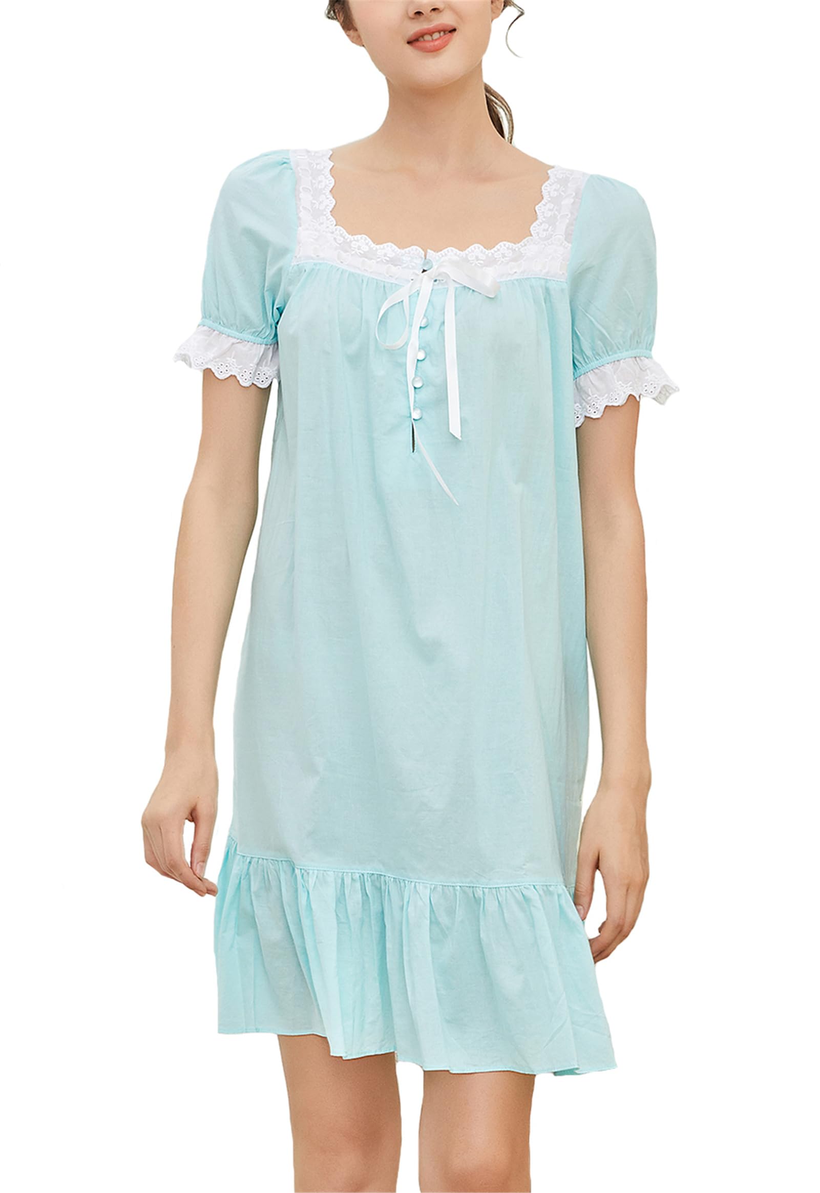 Sawekin Women's Blue-Short Nightdress 100% Cotton Nightwear Sleepwear Victorian Vintage Nightgown Pajamas Sleep Shirt (, L)