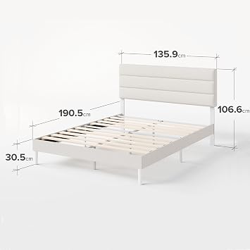 Zinus Piper Double Upholstered Bed Frame with Headboard (135 x 190 cm) – Fabric Bed Frame with Wooden Slat Support, Easy Assembly – Off White